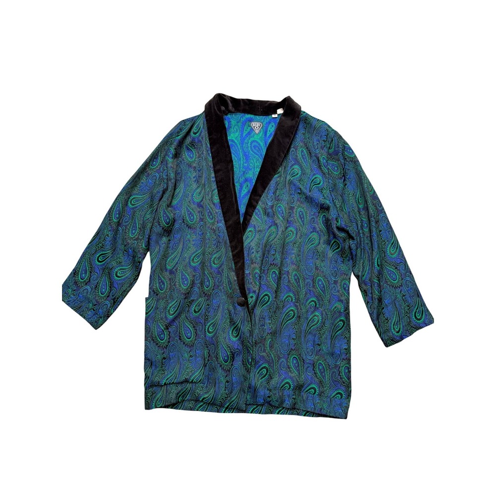 Vintage Baby O Paris Paisley Blazer Jacket Velvet Collar Green Blue Womens Med